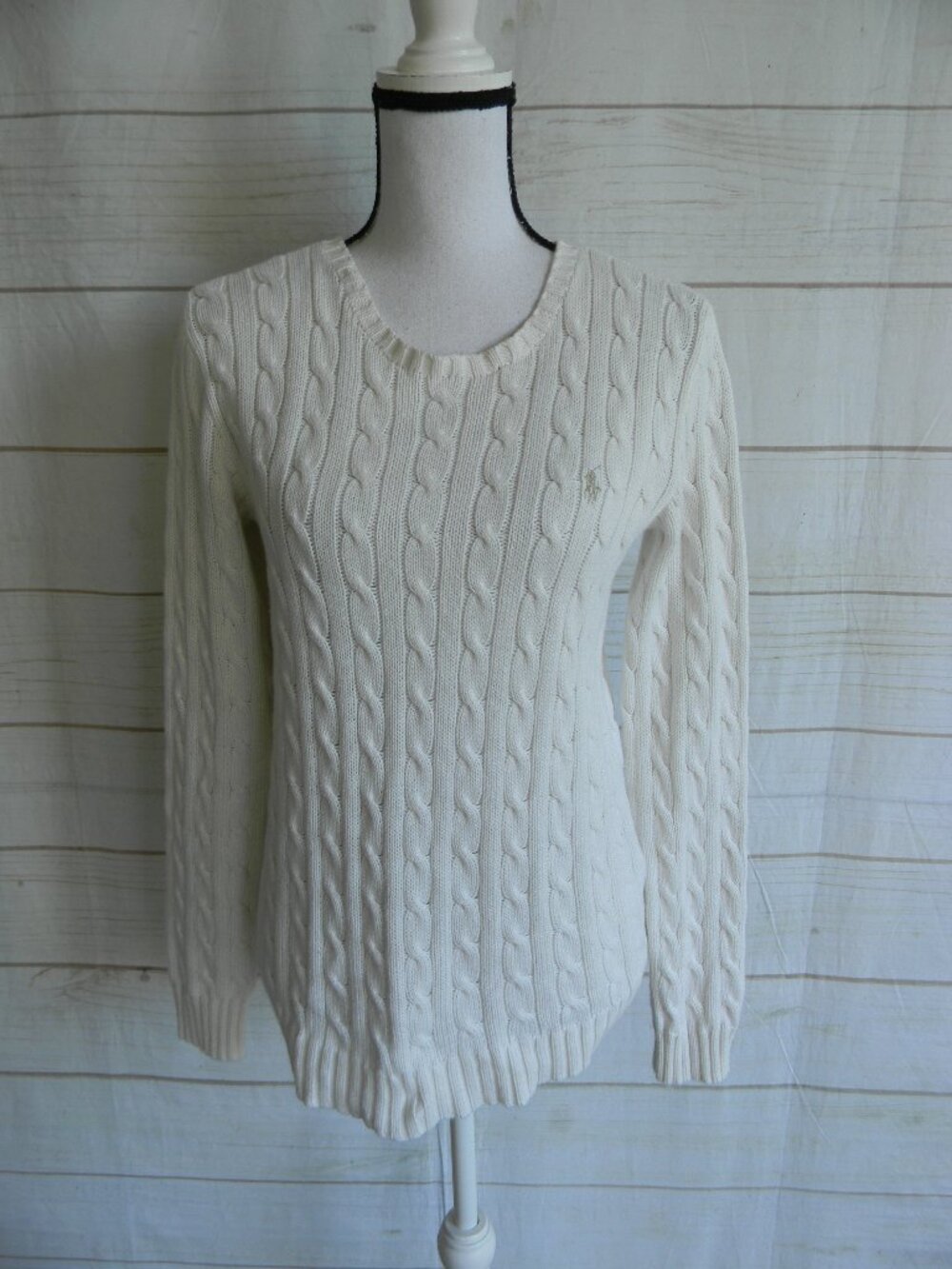 Vintage Ralph Lauren Cable Knit Crewneck Women’s Size M Sweater Cream COTTON